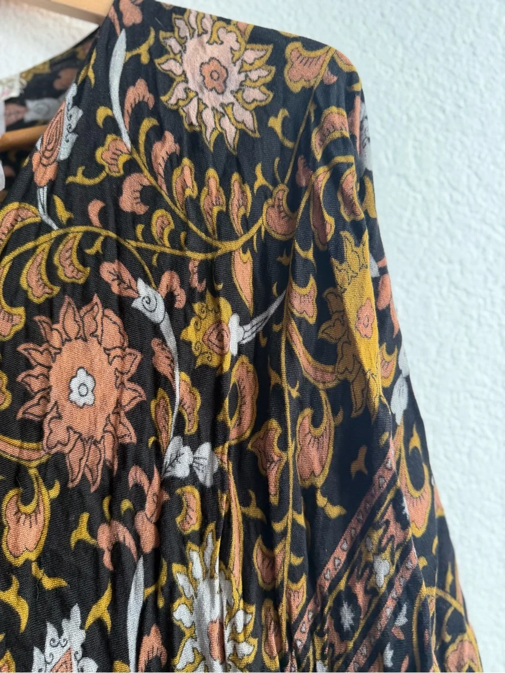 Free People lack Floral Paisley Wrap Pink Gold Accents Boho